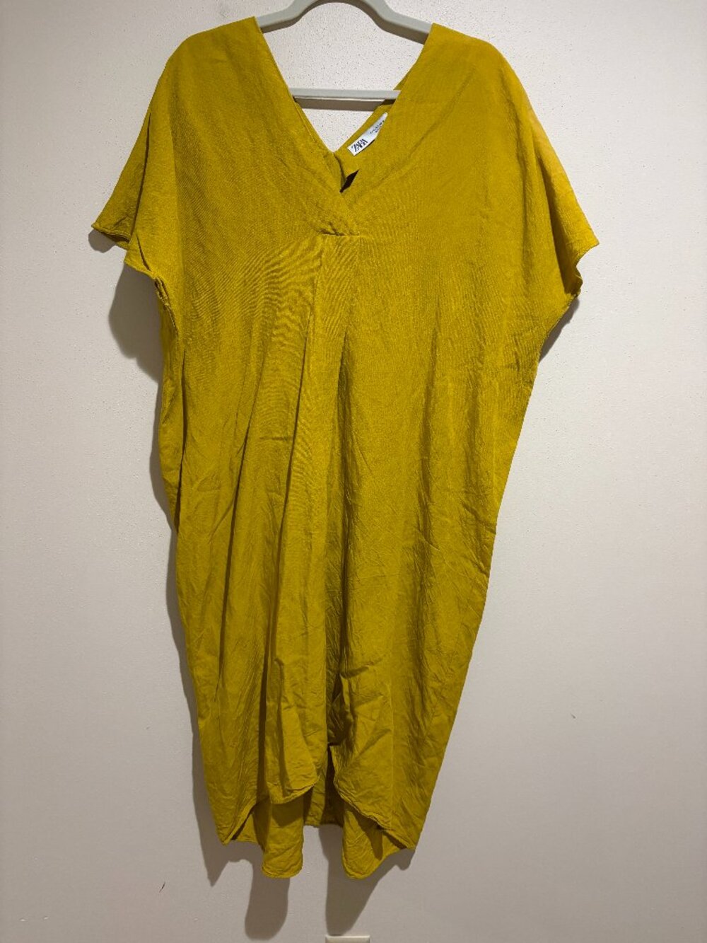 Zara Yellow Linen Blend Kaftan Caftan Midi Dress V Neck Short Sleeve - Picture 4 of 13